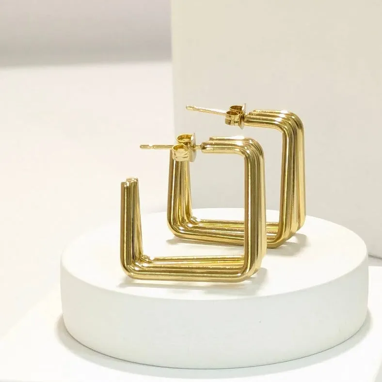 18k Gold Plated Anti Tarnish Water Proof Three layered Square Hoops Earrings