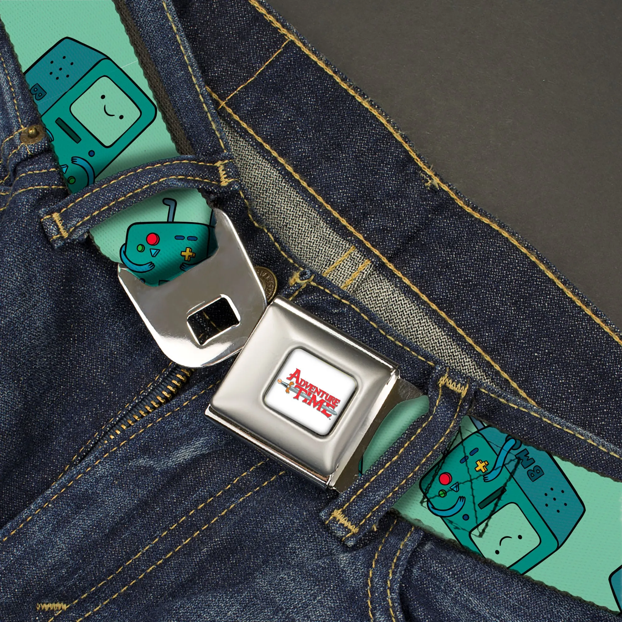 ADVENTURE TIME Title Logo Full Color White Seatbelt Belt - Adventure Time BMO Pose Flips Seafoam Green Webbing