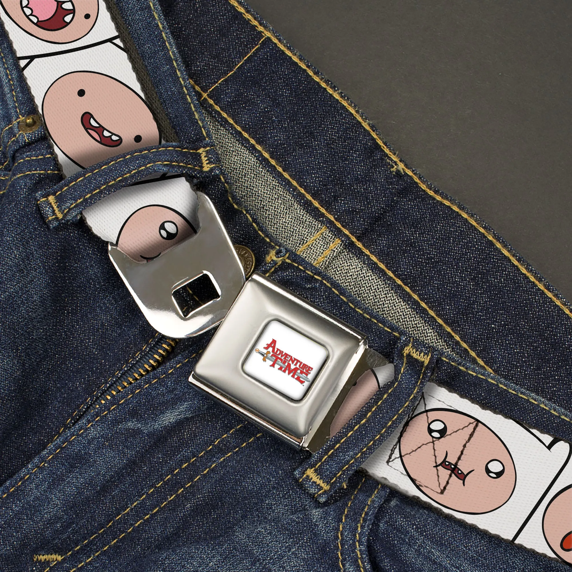 ADVENTURE TIME Title Logo Full Color White Seatbelt Belt - Adventure Time Finn Expression Blocks White Webbing