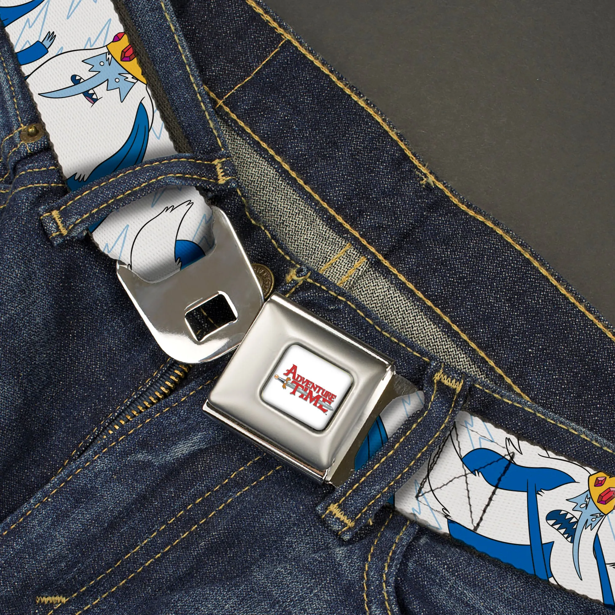 ADVENTURE TIME Title Logo Full Color White Seatbelt Belt - Adventure Time Ice King Poses and Bolts White/Blue Webbing