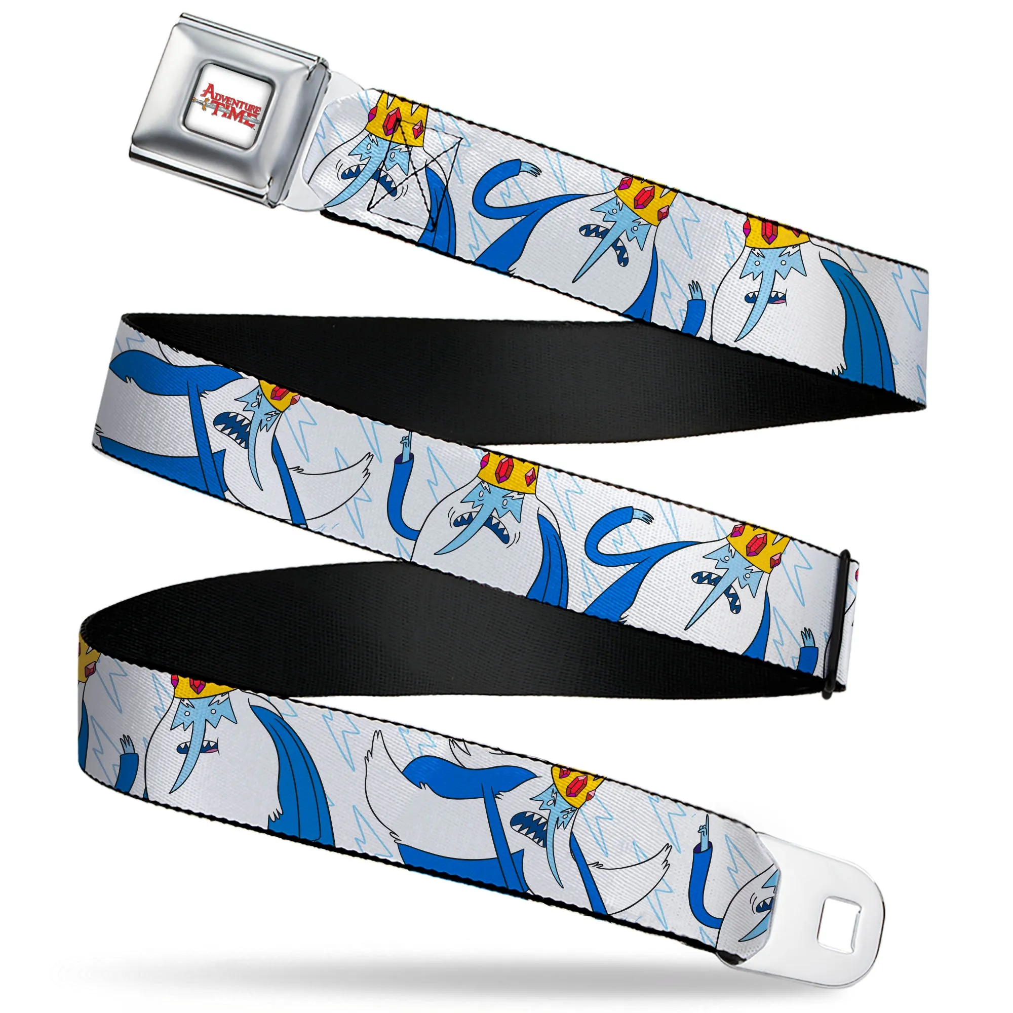 ADVENTURE TIME Title Logo Full Color White Seatbelt Belt - Adventure Time Ice King Poses and Bolts White/Blue Webbing