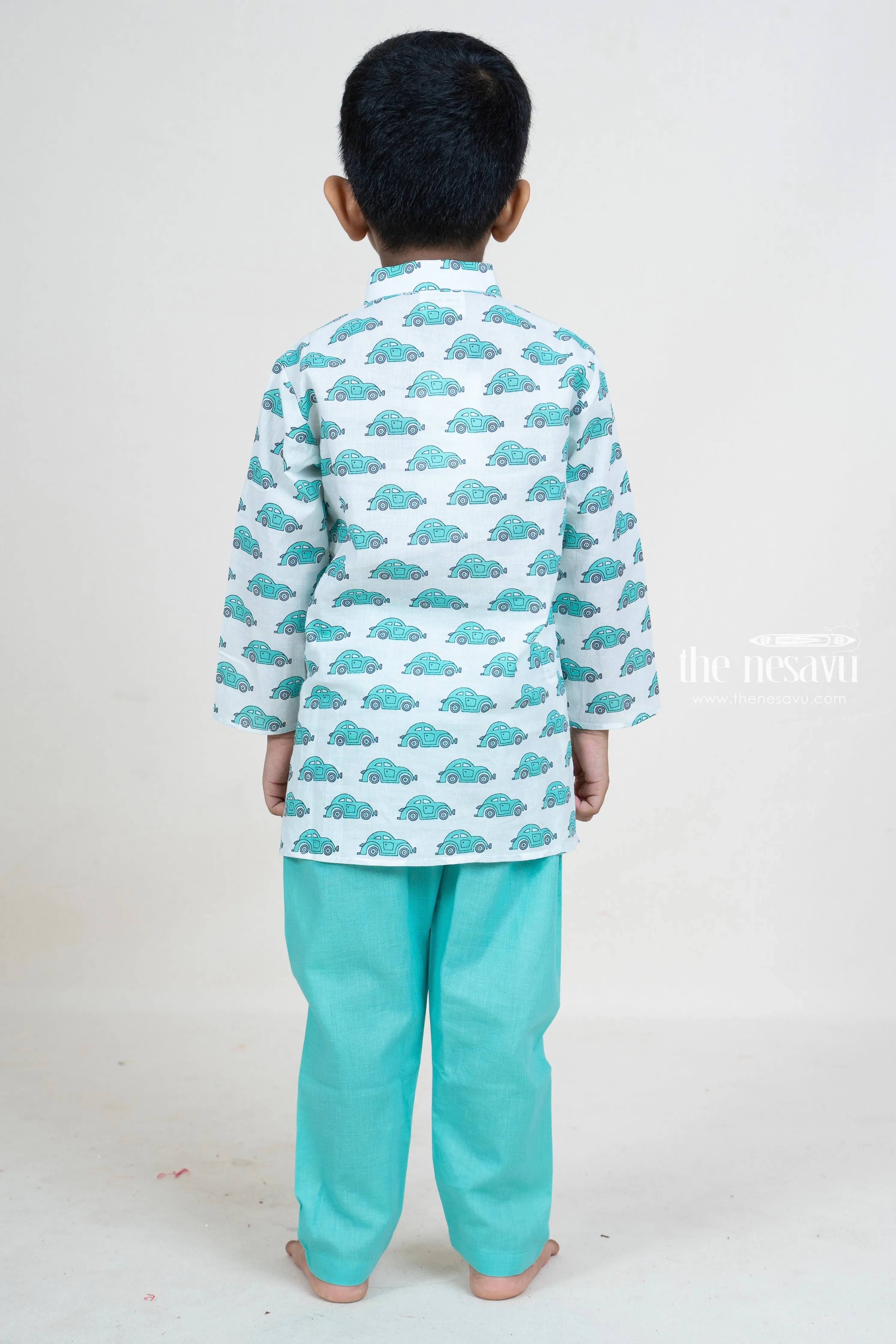 Aqua Blue Cotton Car Printed Play Wear Party Wear For Boys