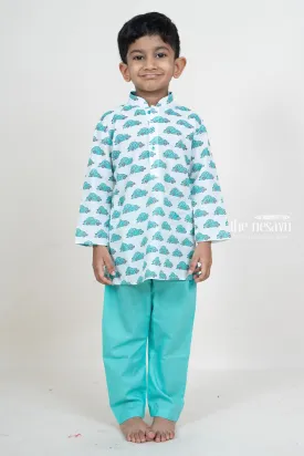 Aqua Blue Cotton Car Printed Play Wear Party Wear For Boys