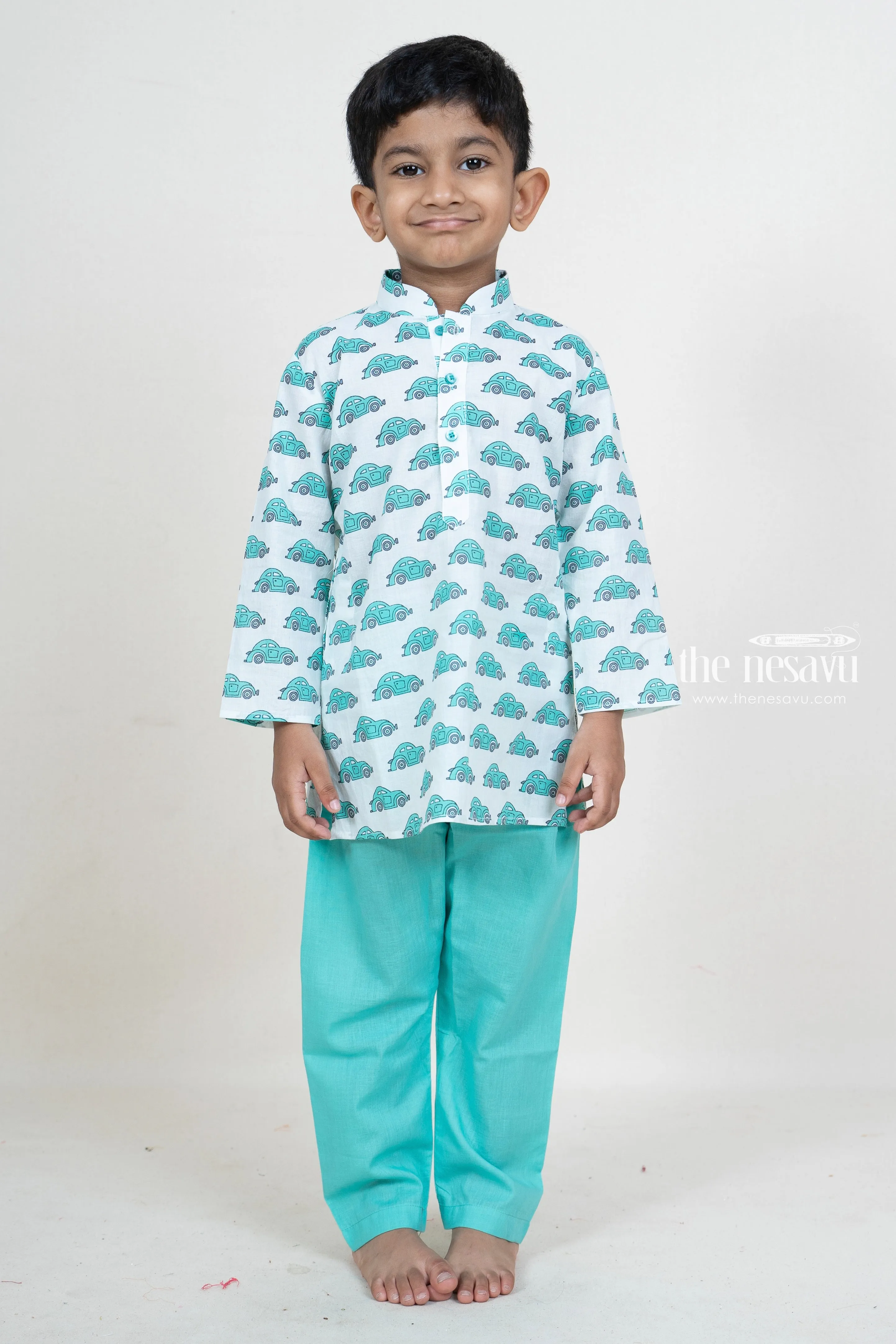 Aqua Blue Cotton Car Printed Play Wear Party Wear For Boys