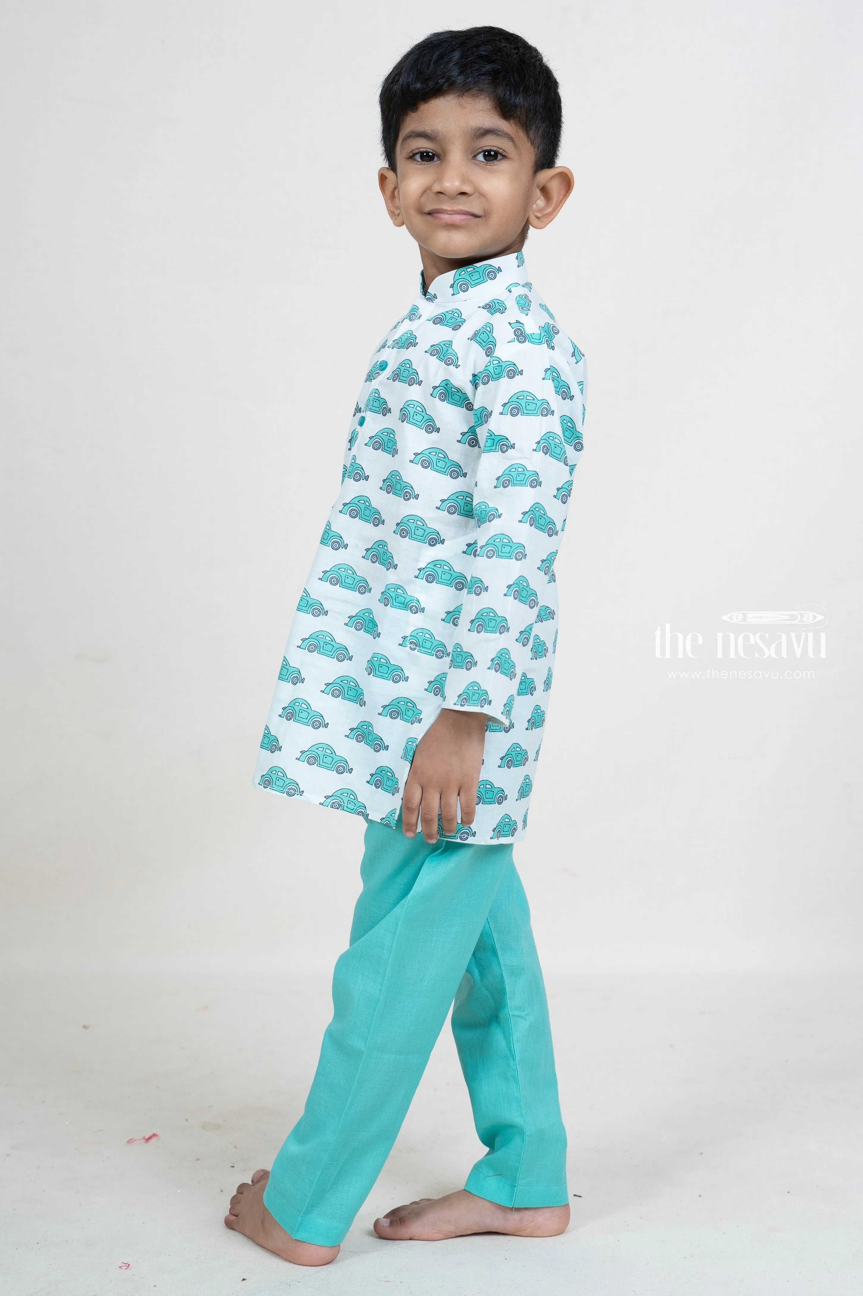 Aqua Blue Cotton Car Printed Play Wear Party Wear For Boys