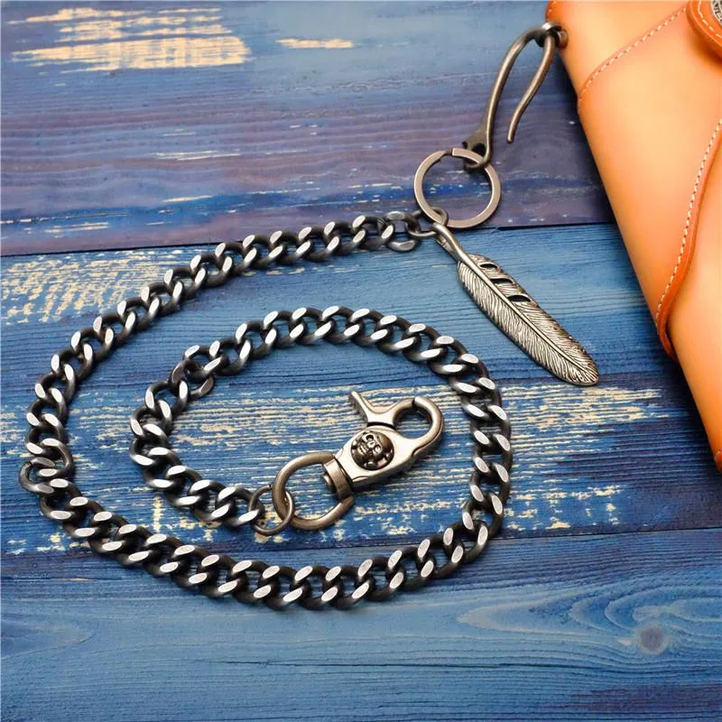 Badass Men's Skull Feather Pendant Wallet Chain Long Pants Chain Biker Wallet Chain For Men