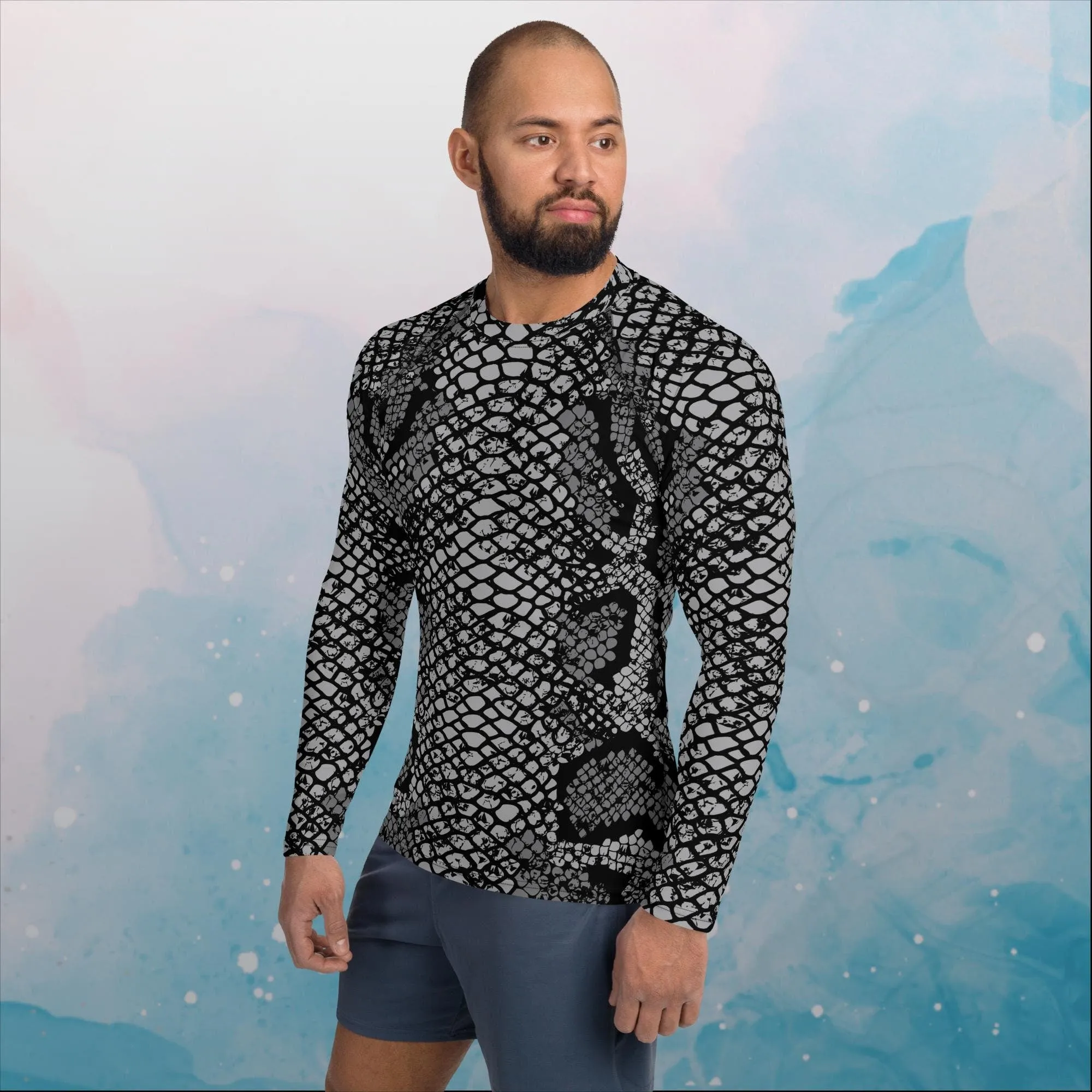 Black Snake Skin Print Mens Rash Guard