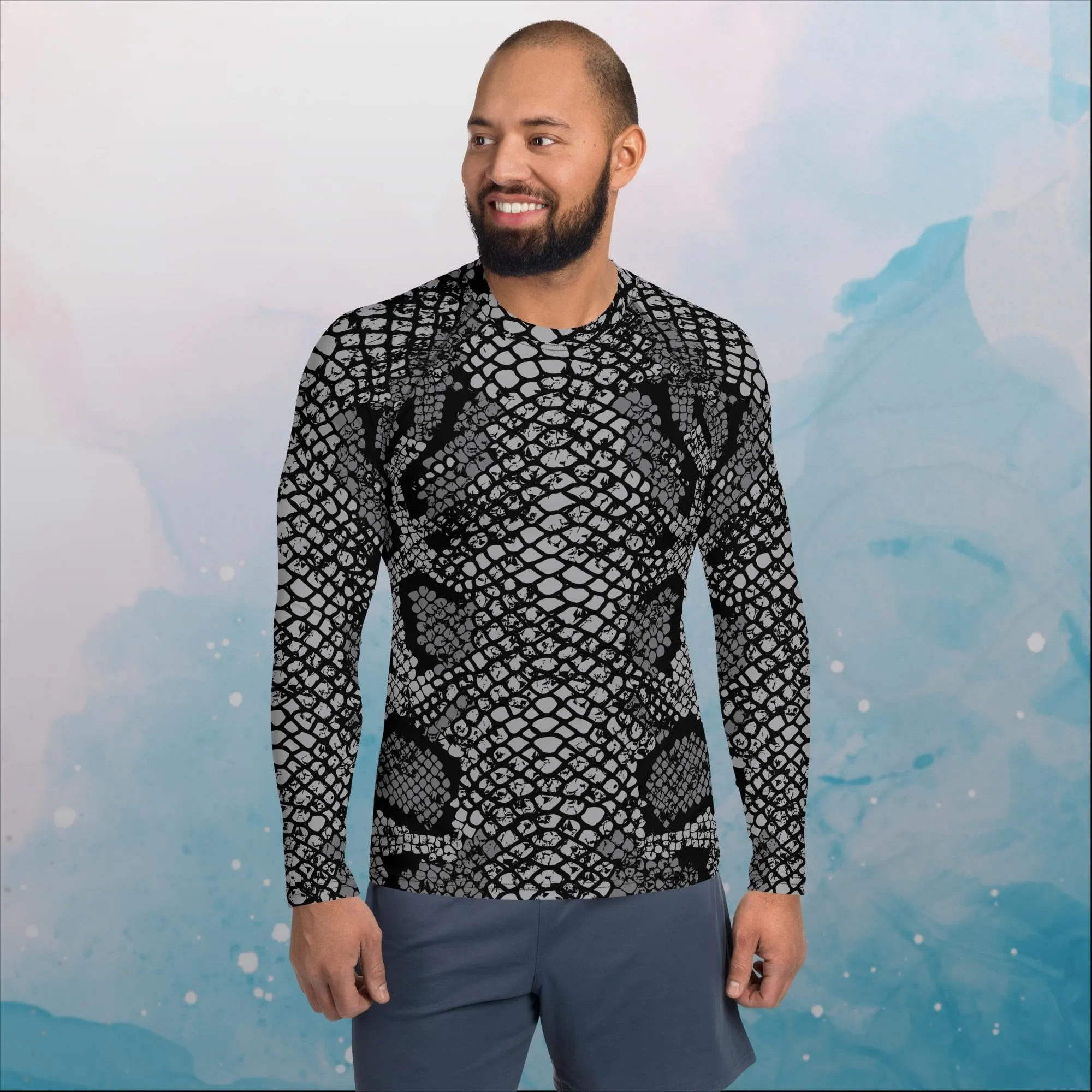 Black Snake Skin Print Mens Rash Guard