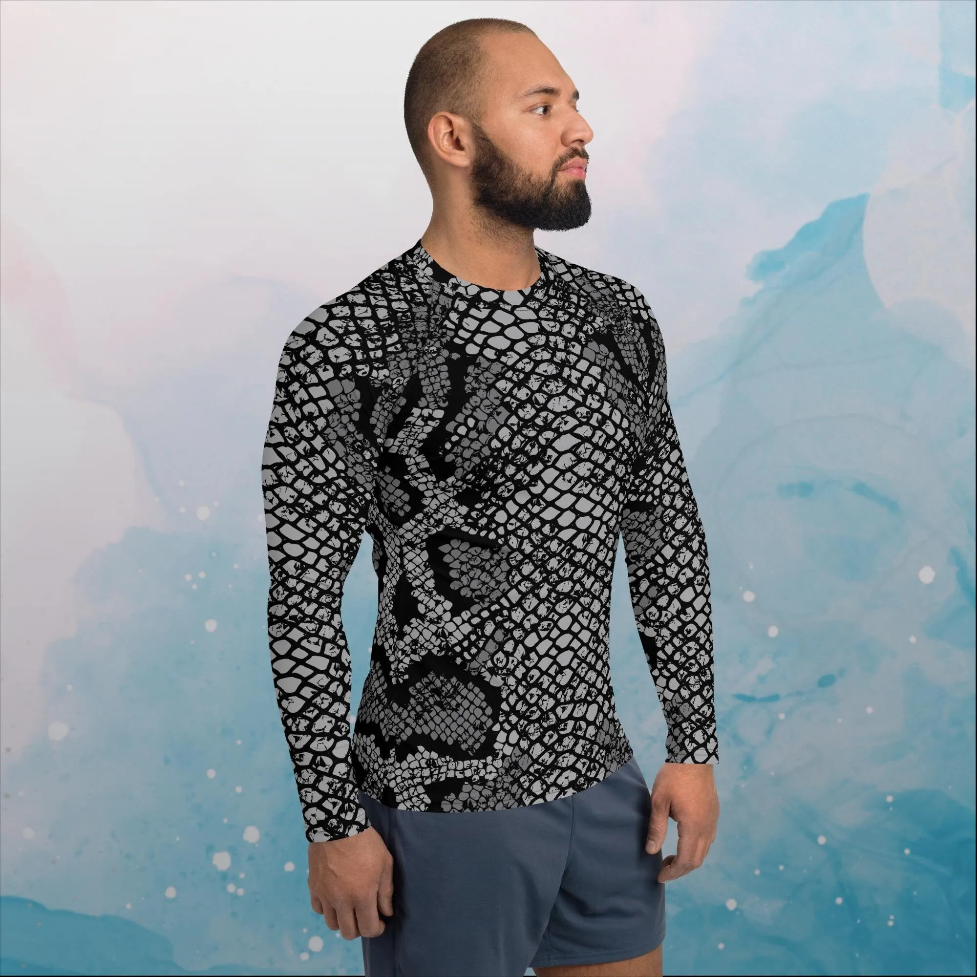 Black Snake Skin Print Mens Rash Guard