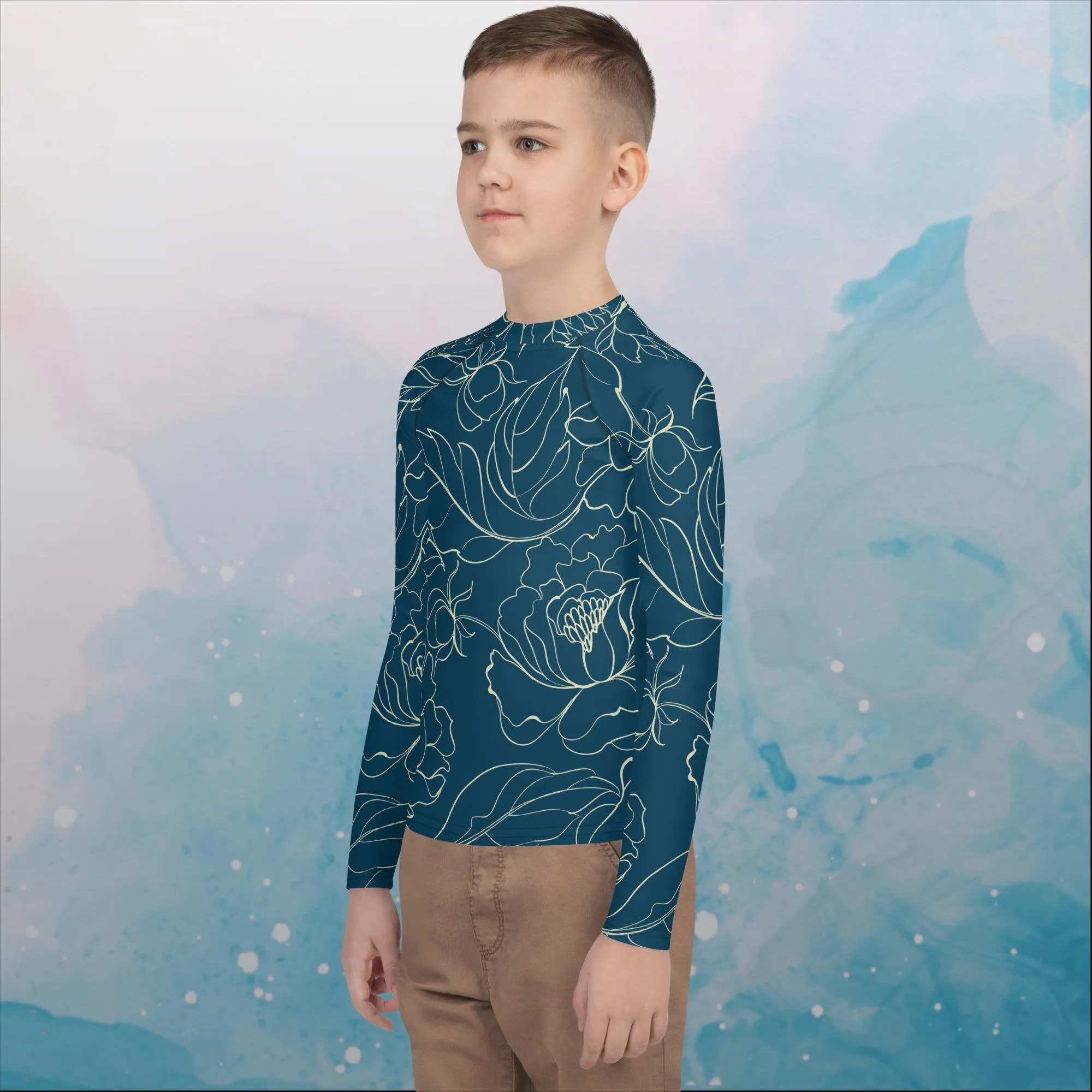 Blue and Gold Floral Stencil Lines Youth Rash Guard