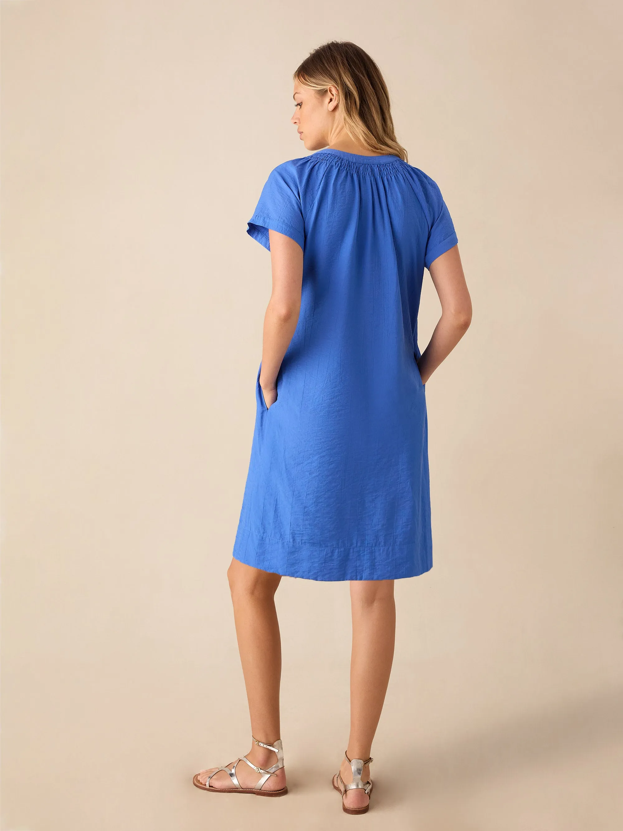 Blue Gathered Neck Short Dress