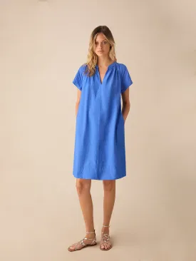 Blue Gathered Neck Short Dress