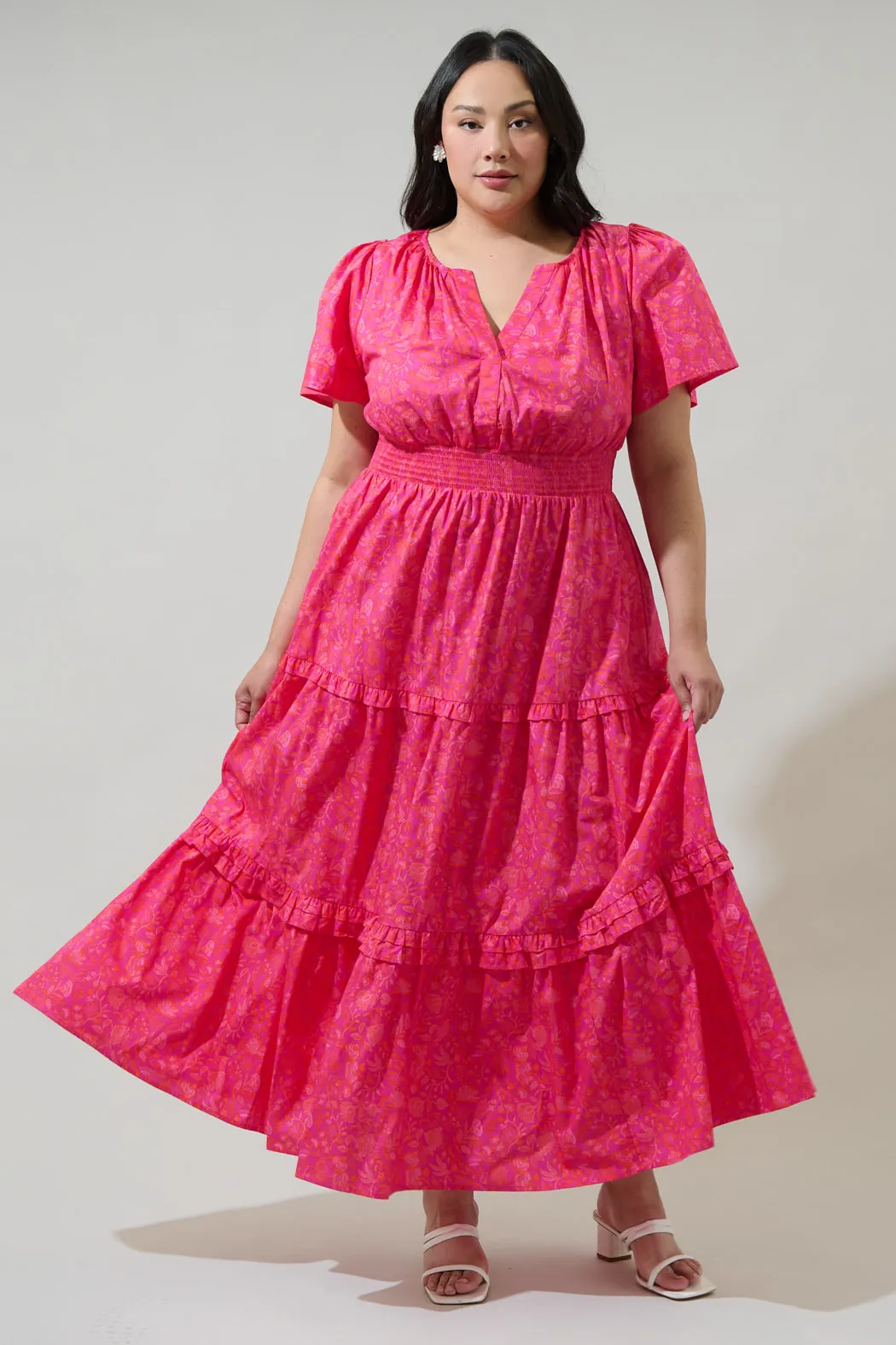 Cerise Floral Palmer Poplin Tiered Maxi Dress Curve