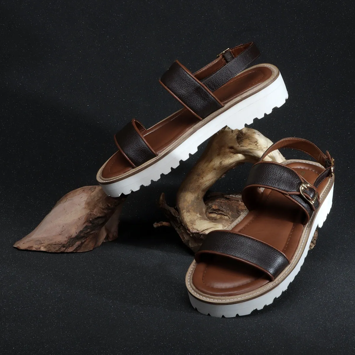 Chunky White Sole Men's Sandal with Golden Finish Buckle In Leather