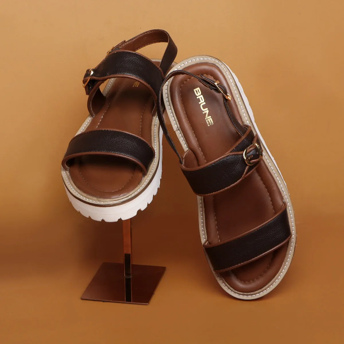 Chunky White Sole Men's Sandal with Golden Finish Buckle In Leather