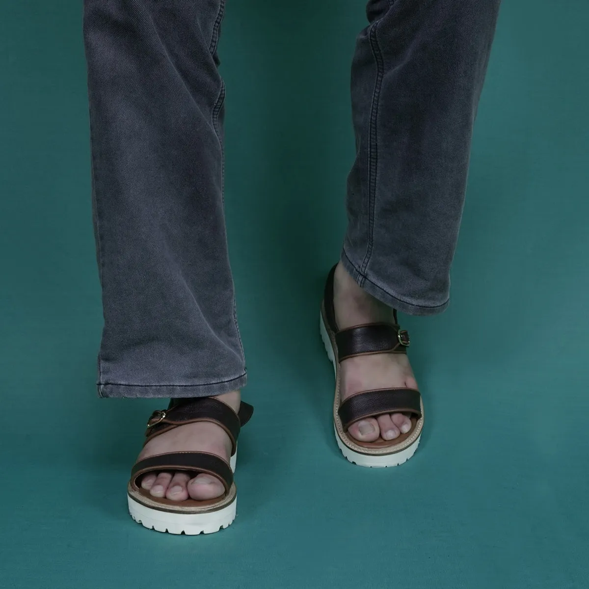 Chunky White Sole Men's Sandal with Golden Finish Buckle In Leather