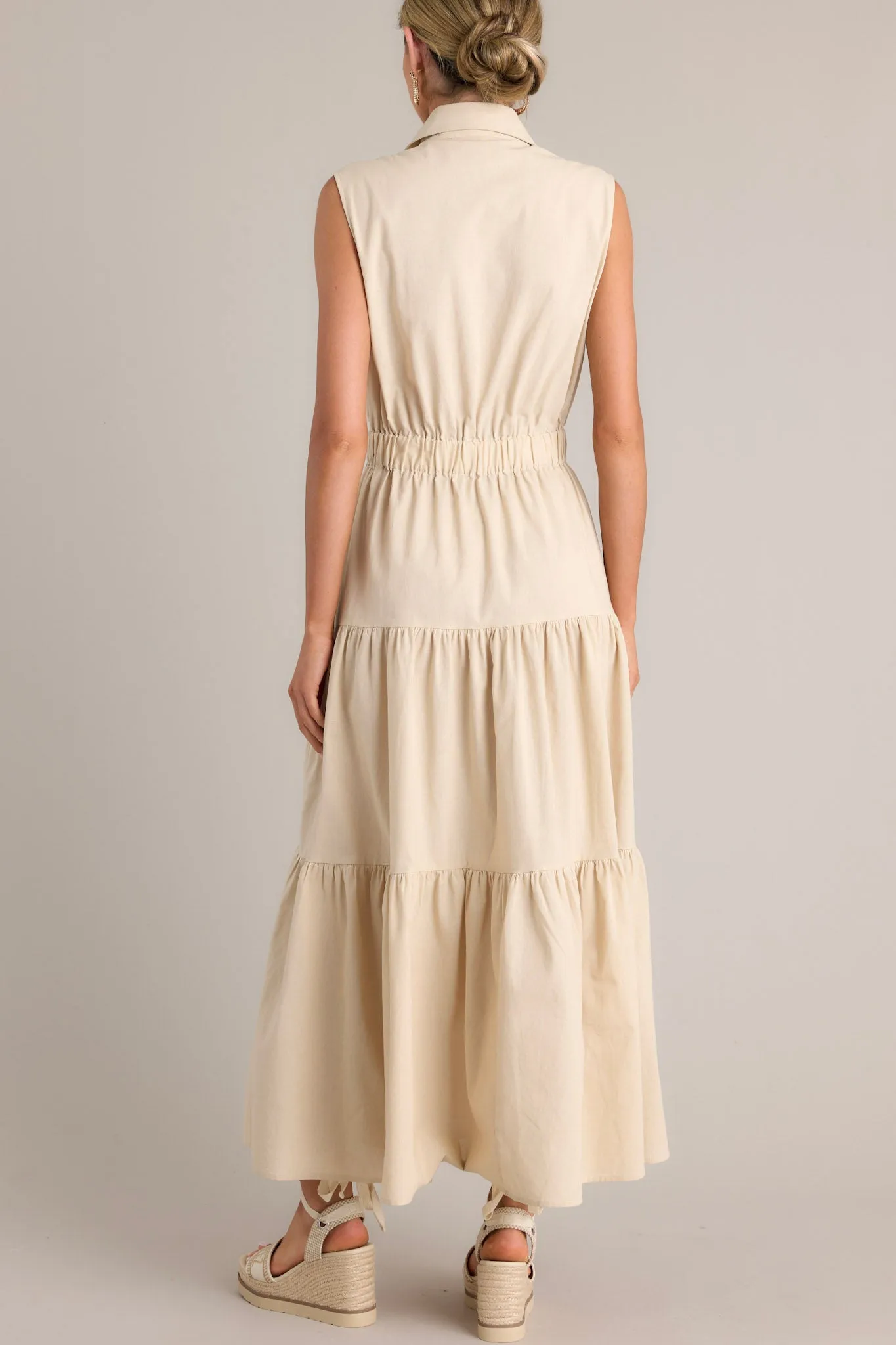 Desert Dusk Beige Button Front Tiered  Maxi Dress