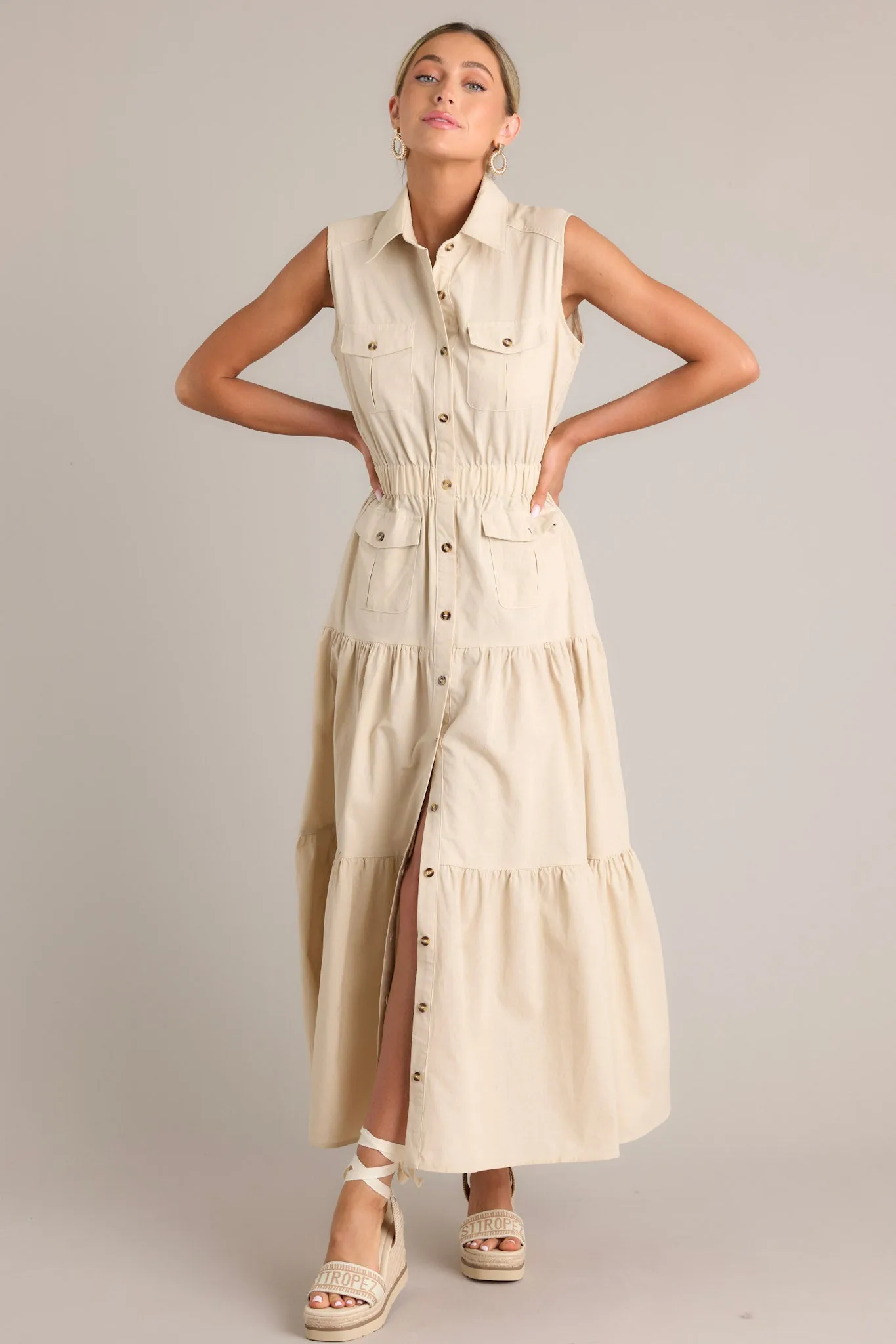 Desert Dusk Beige Button Front Tiered  Maxi Dress