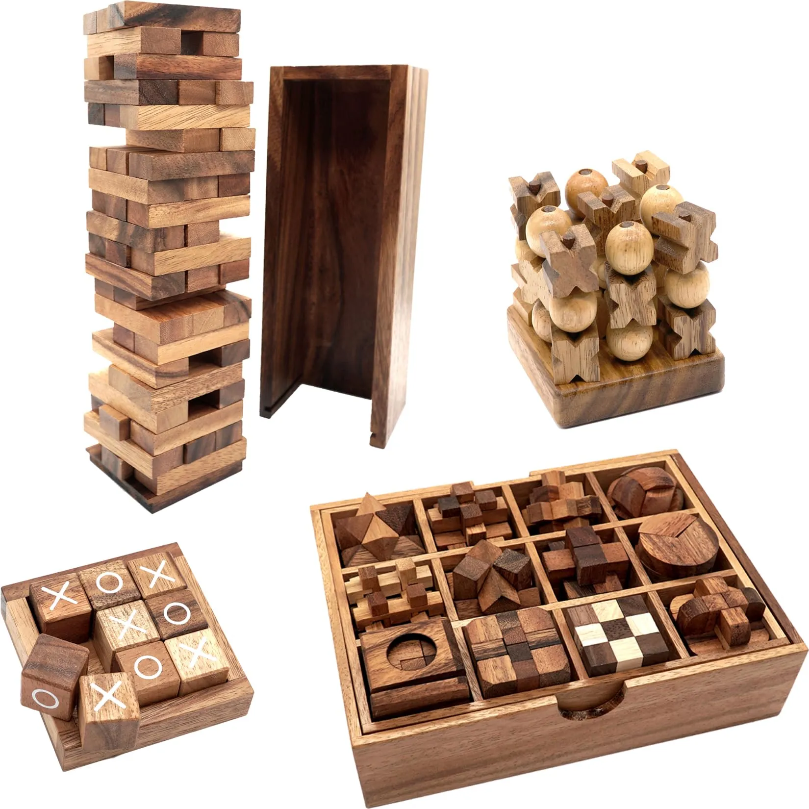 Fun Games Set- Wooden Puzzles, Tumbling Tower, Tic Tac Toe