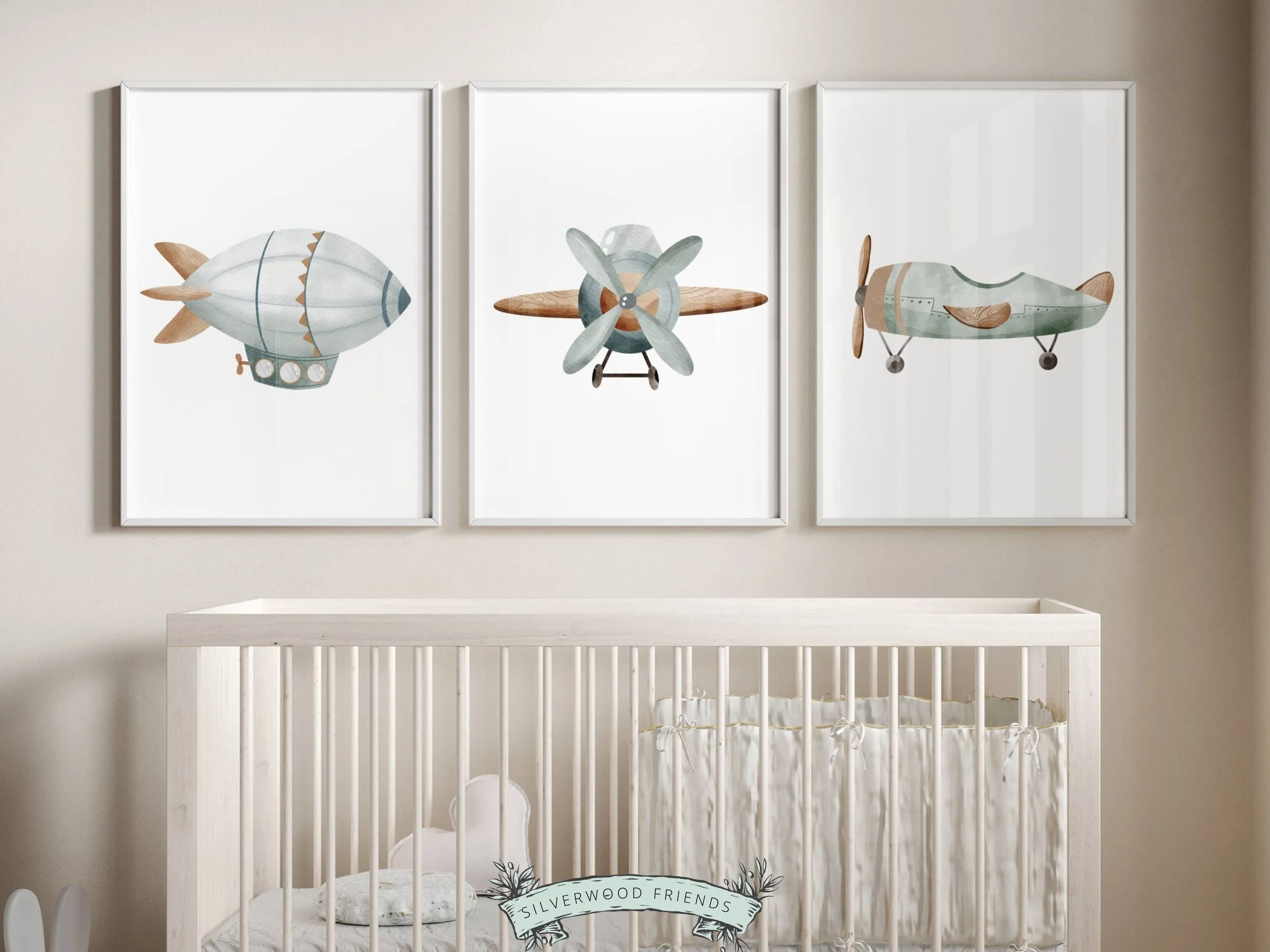 Green Watercolour Airplane Nursery Prints