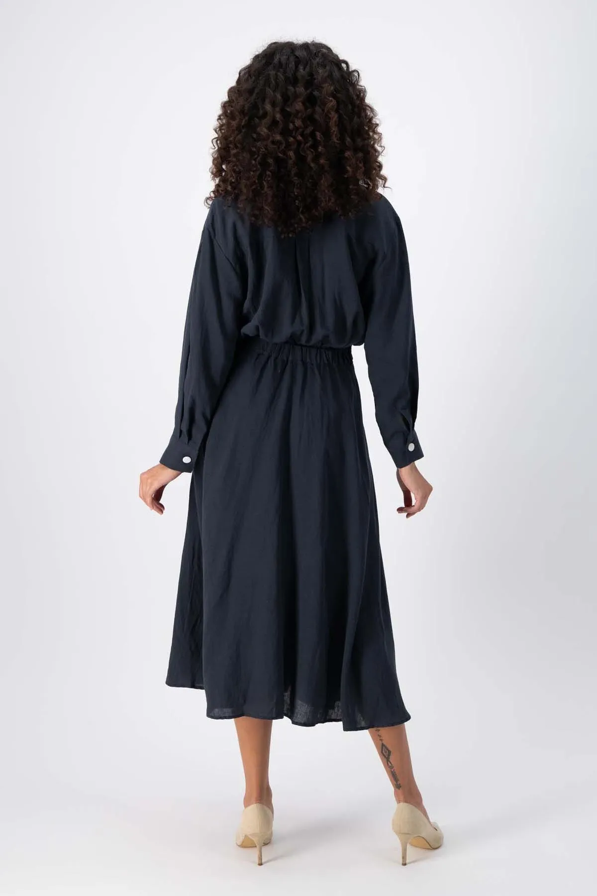 Luminary Parisian Midi Wrap Dress Black Wash in Linen Blend