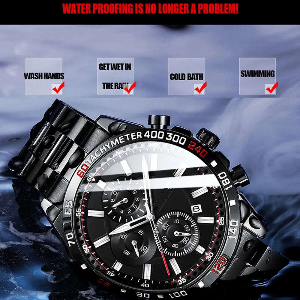 Mens Luxury Sports Watch Waterproof Chronograph Quartz Stainless Steel