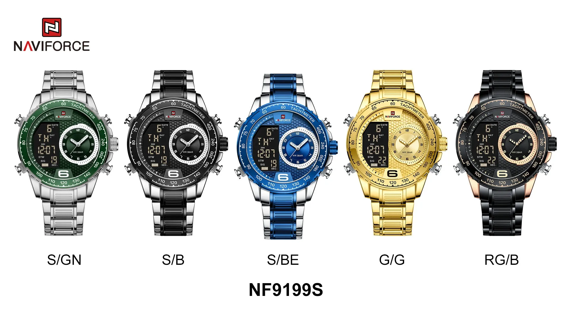 NAVIFORCE 2022 Men Watches Waterproof Stainless Steel Quartz Multi-Function Analog LCD Diplay Watch Casual High Quality For Men NF9199S