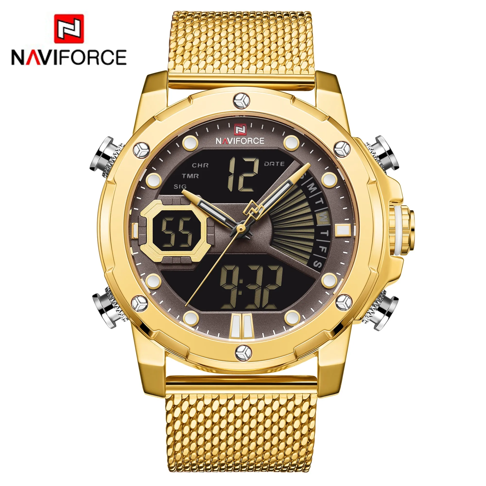 NAVIFORCE Men Military Sport Digital Watch Stainless Steel Band Waterproof Quartz Watches NF9172S