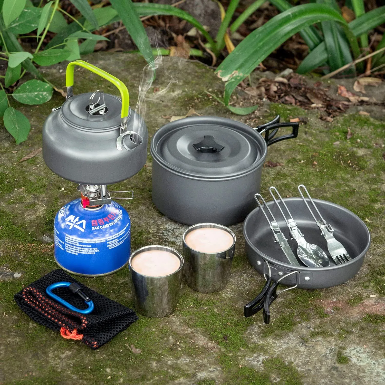 Odoland Camping Cookware Mess Kit, Lightweight Pot Pan Kettle with 2 Cups, Fork Spoon Kit for Backpacking, Outdoor Camping Hiking and Picnic