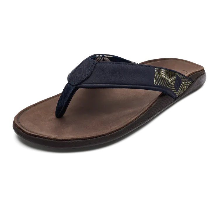 Olukai "Tuahine" Men's Trench Blue/Dark Wood Leather Sandals