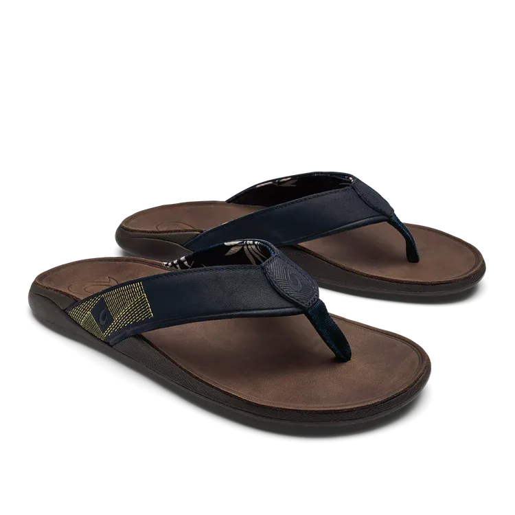 Olukai "Tuahine" Men's Trench Blue/Dark Wood Leather Sandals