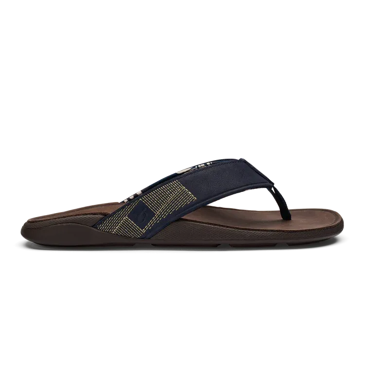 Olukai "Tuahine" Men's Trench Blue/Dark Wood Leather Sandals