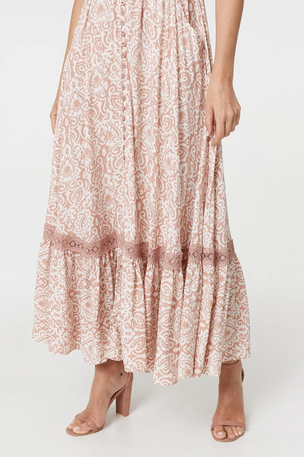 Paisley Print Lace Trim Maxi Dress