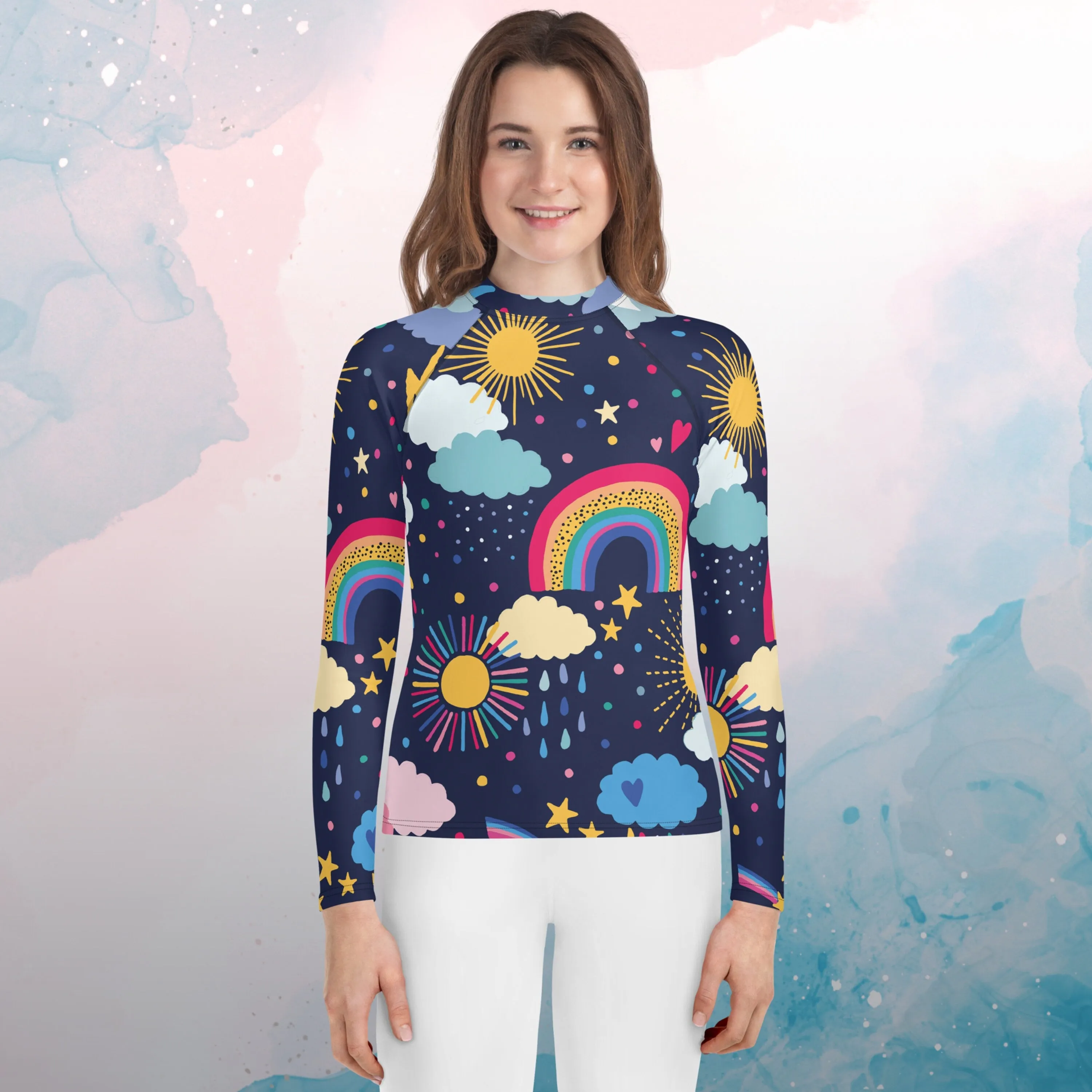 Rainbow and Rain Clouds Weather Themed Youth Rash Guard