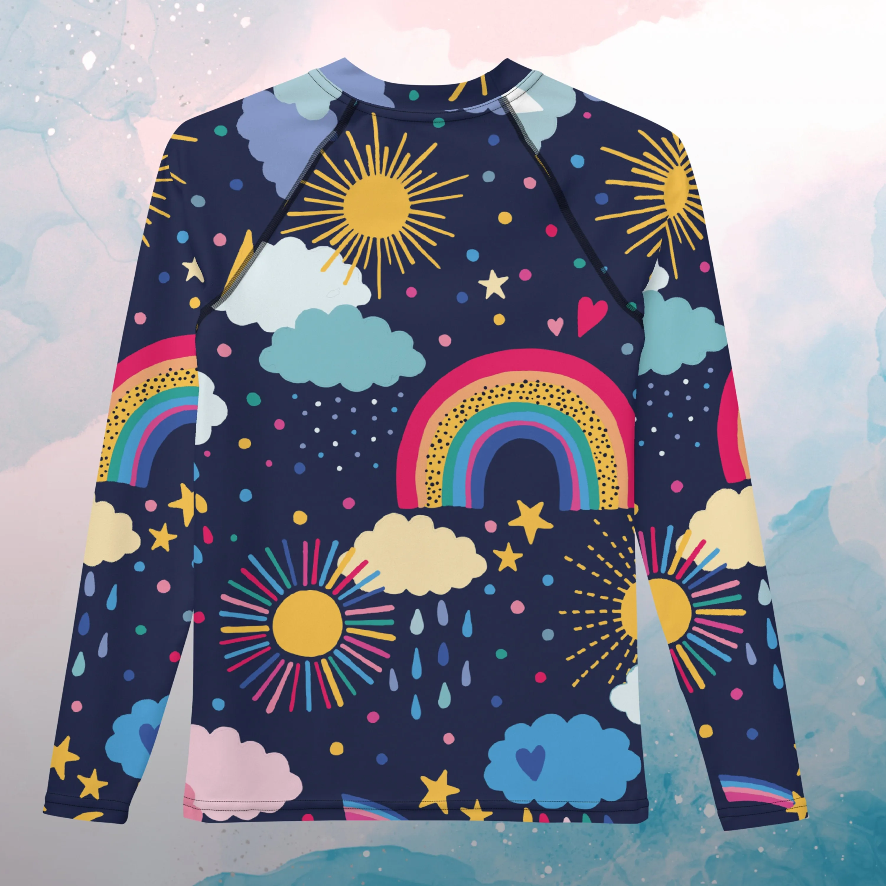 Rainbow and Rain Clouds Weather Themed Youth Rash Guard