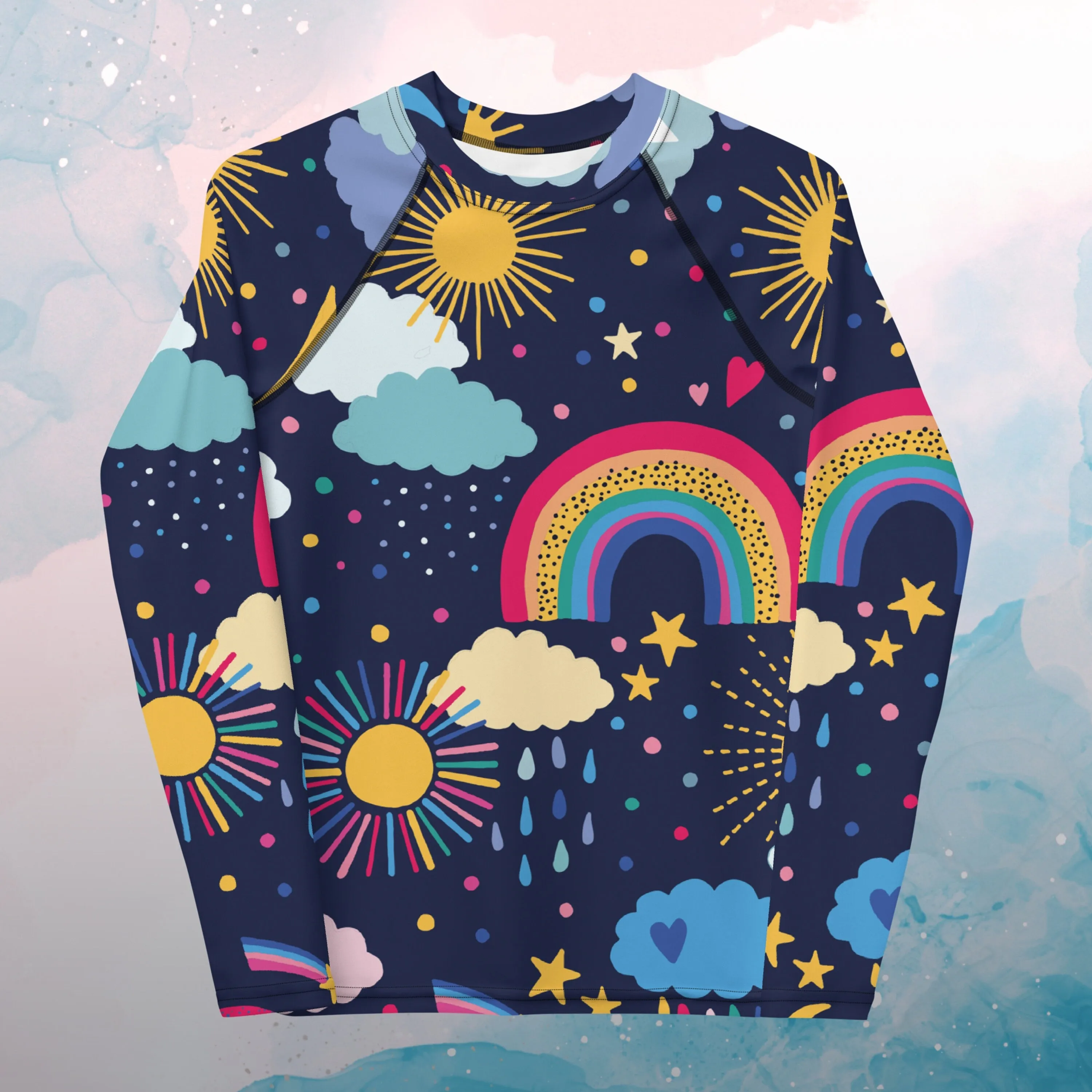 Rainbow and Rain Clouds Weather Themed Youth Rash Guard