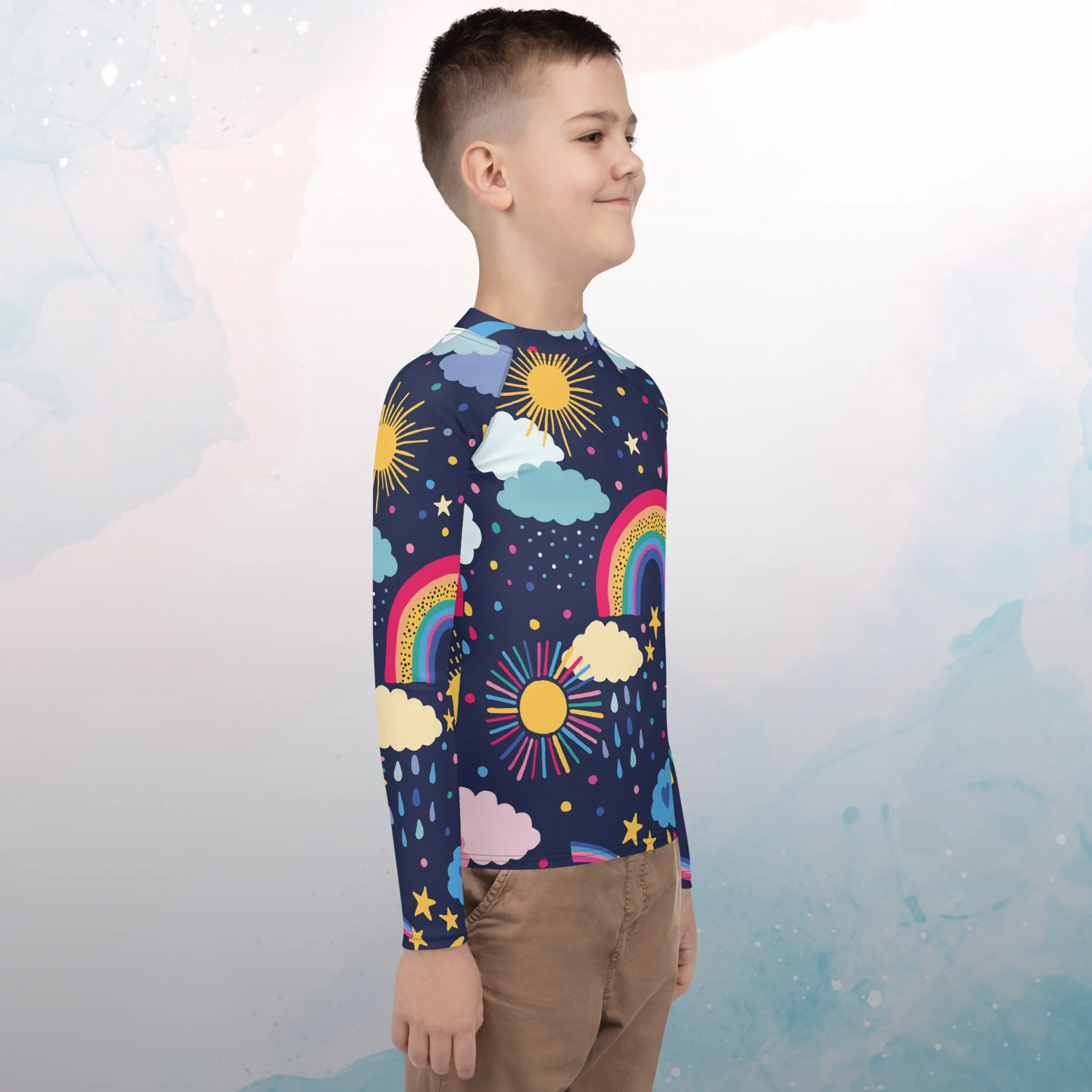 Rainbow and Rain Clouds Weather Themed Youth Rash Guard