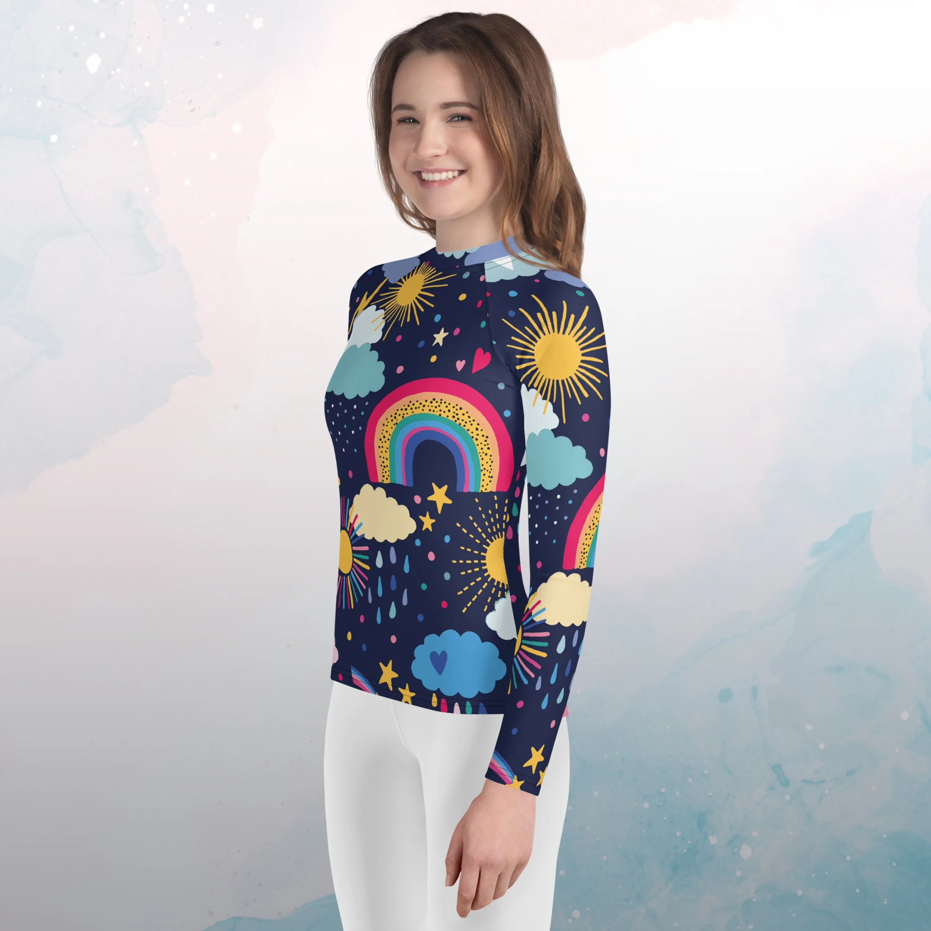 Rainbow and Rain Clouds Weather Themed Youth Rash Guard