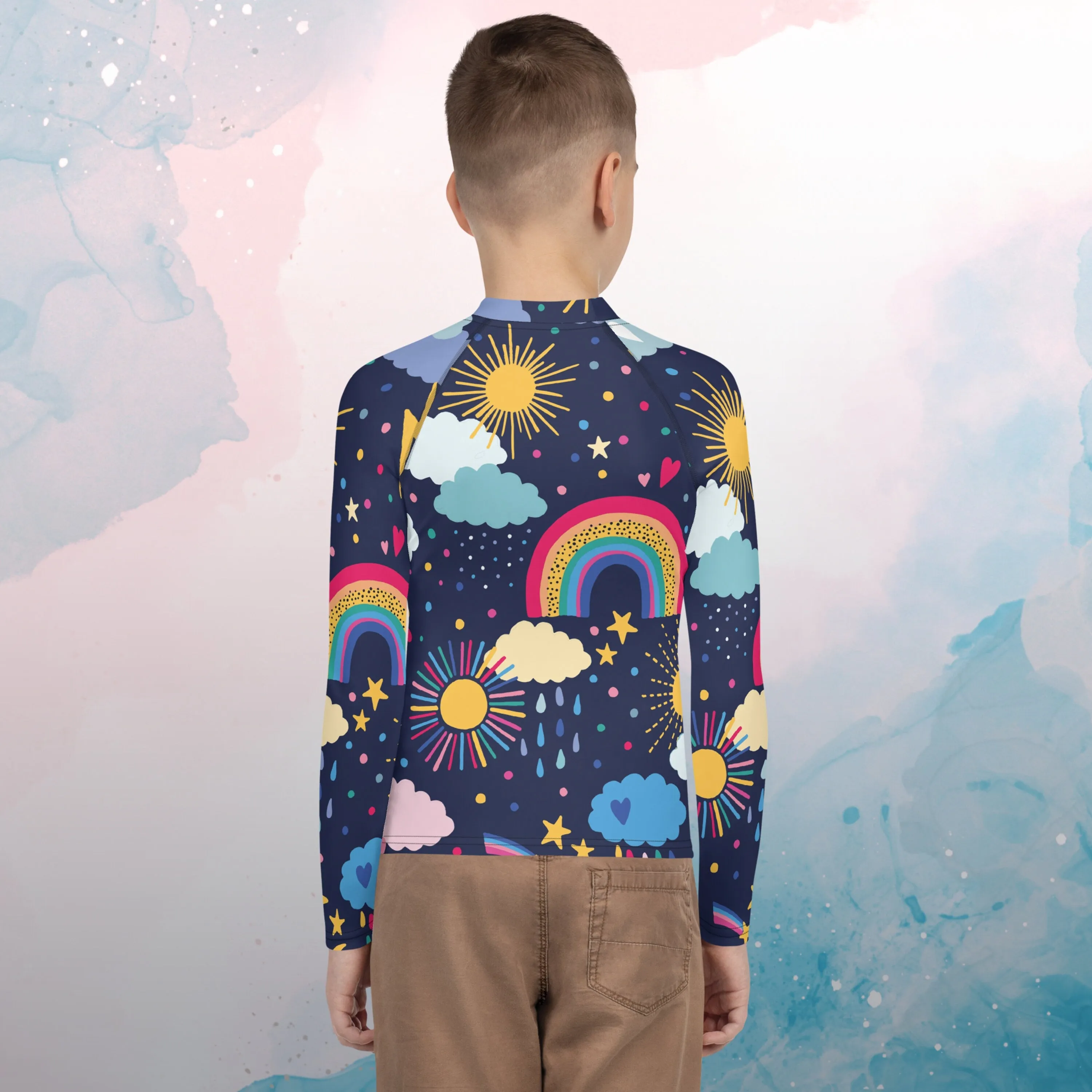 Rainbow and Rain Clouds Weather Themed Youth Rash Guard