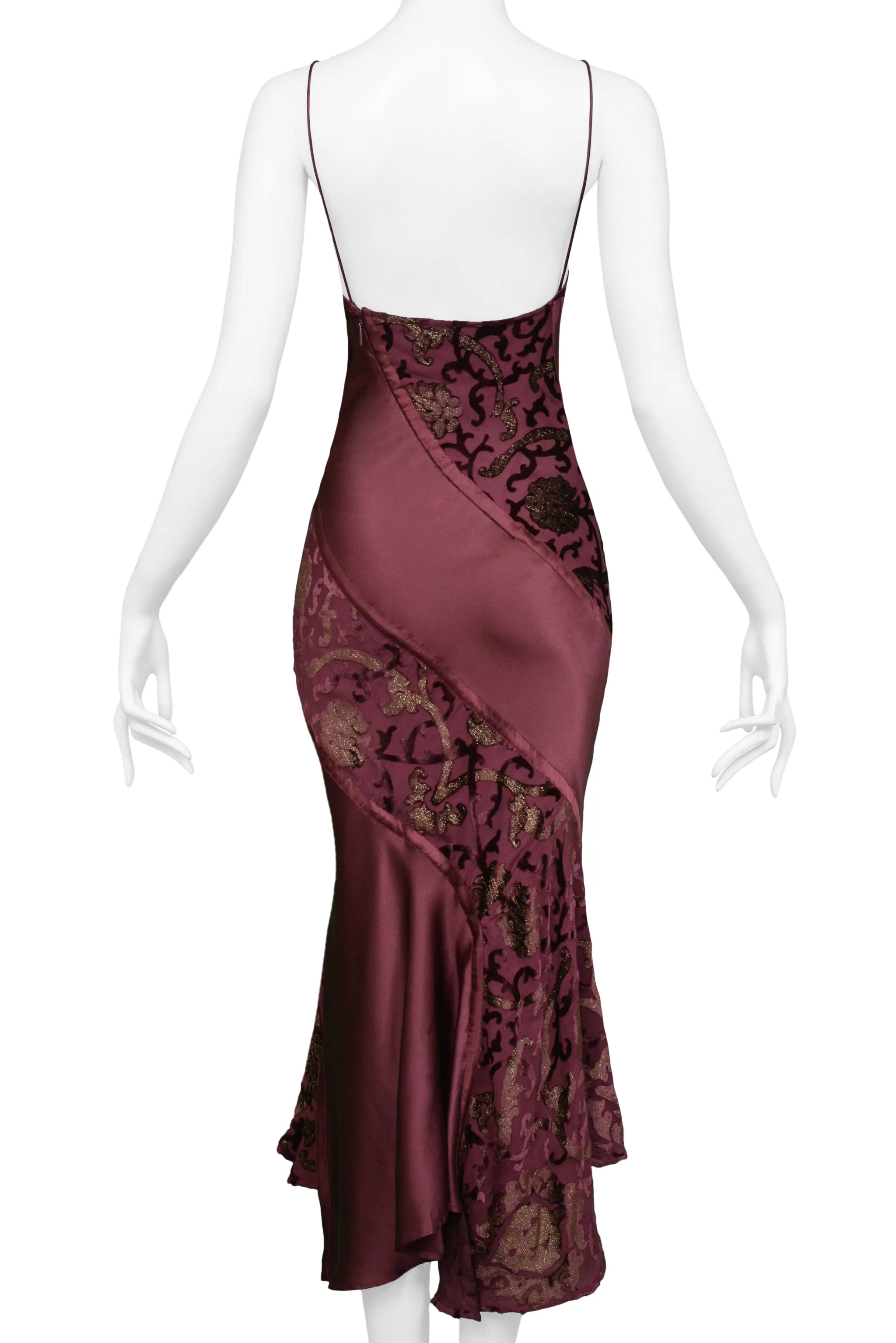 ROBERTO CAVALLI BURGUNDY SATIN SLIP DRESS WITH GOLD METALLIC PRINT