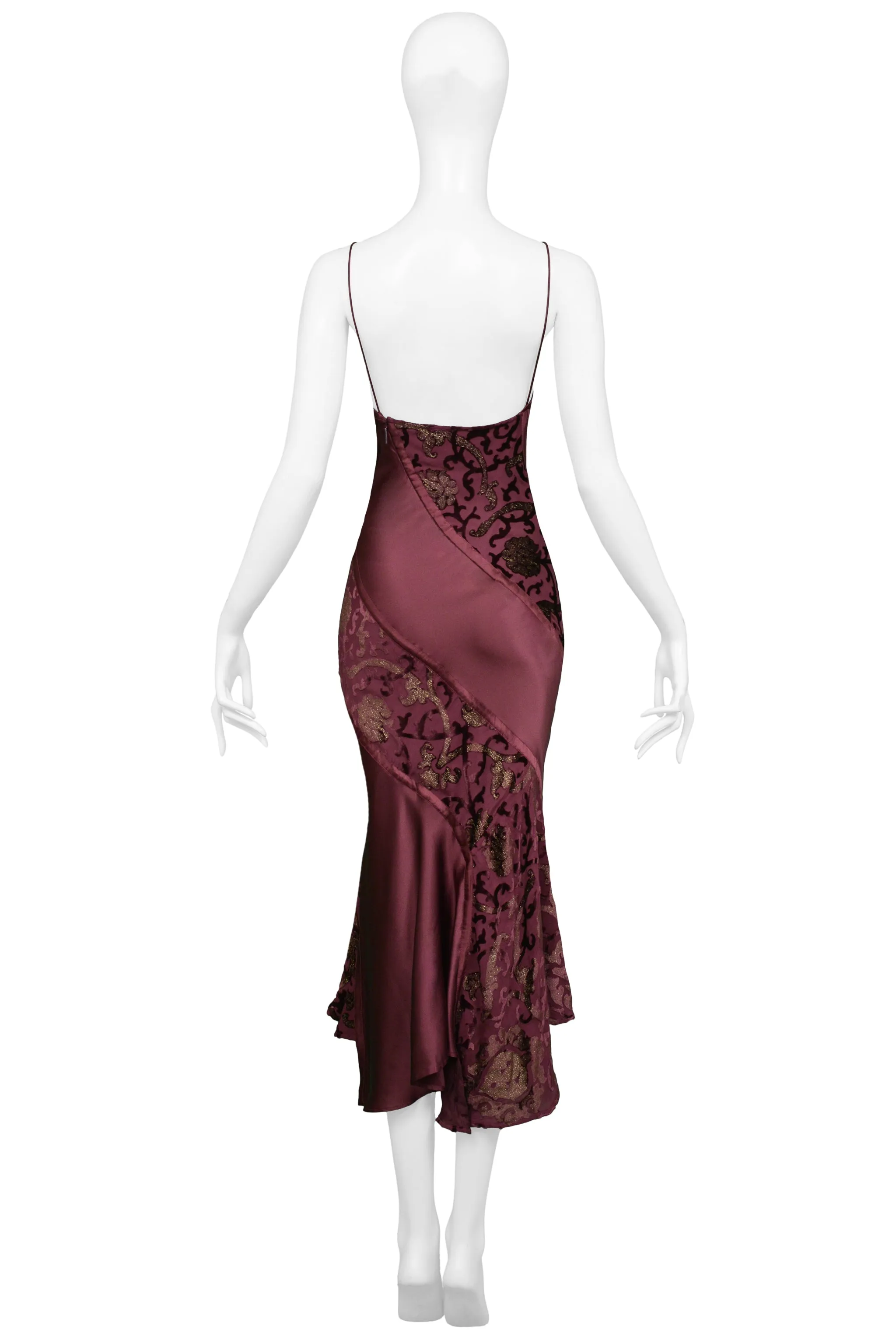 ROBERTO CAVALLI BURGUNDY SATIN SLIP DRESS WITH GOLD METALLIC PRINT