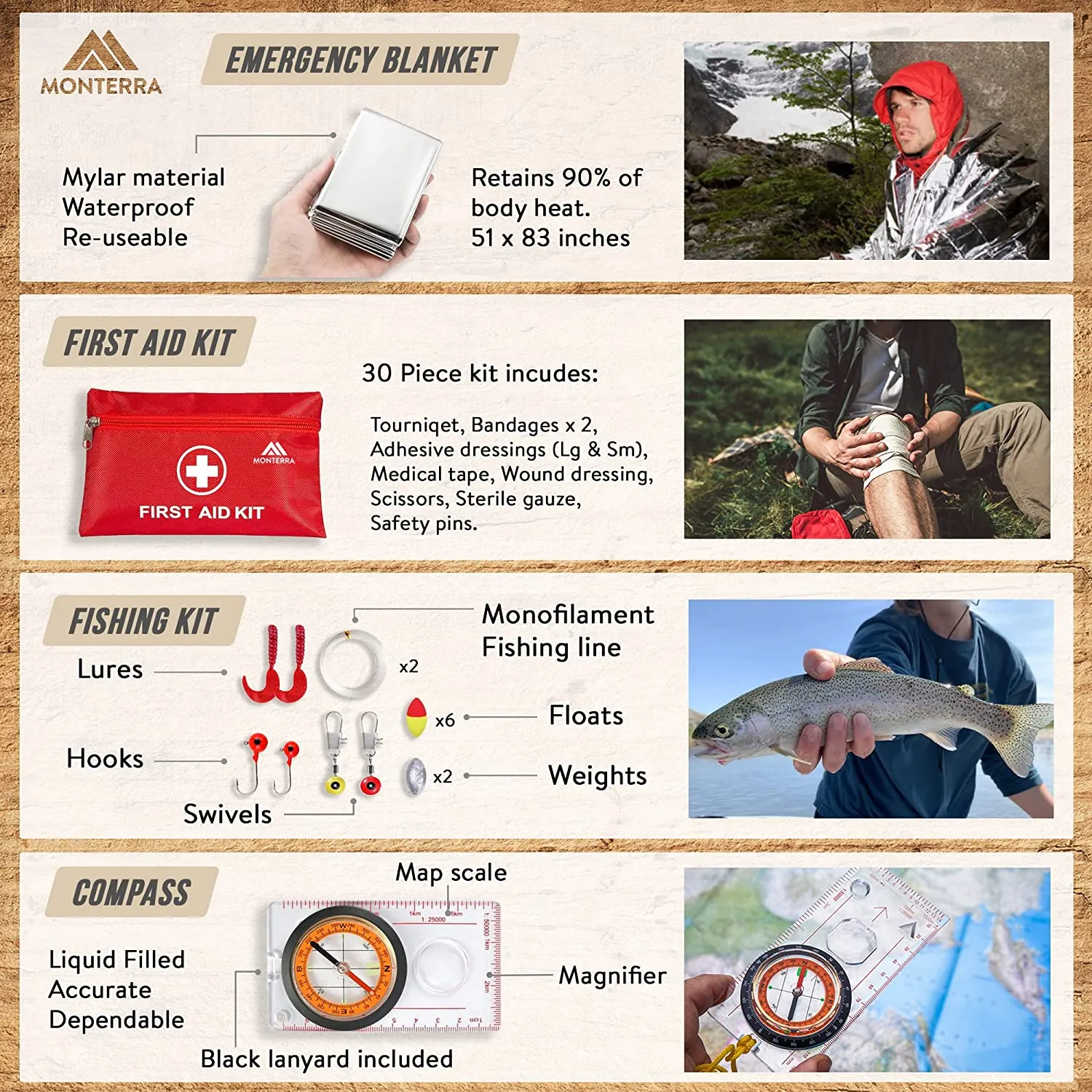 Survival Kit by MONTERRA, 50 Pcs, Survival Gear and Equipment, Camping Accessories,Tactical Gear, First Aid Kit, Emergency Kit, Cool Gadgets for Men, EDC Gear, Bugout Bag, Hiking Gear, Gifts for Men.