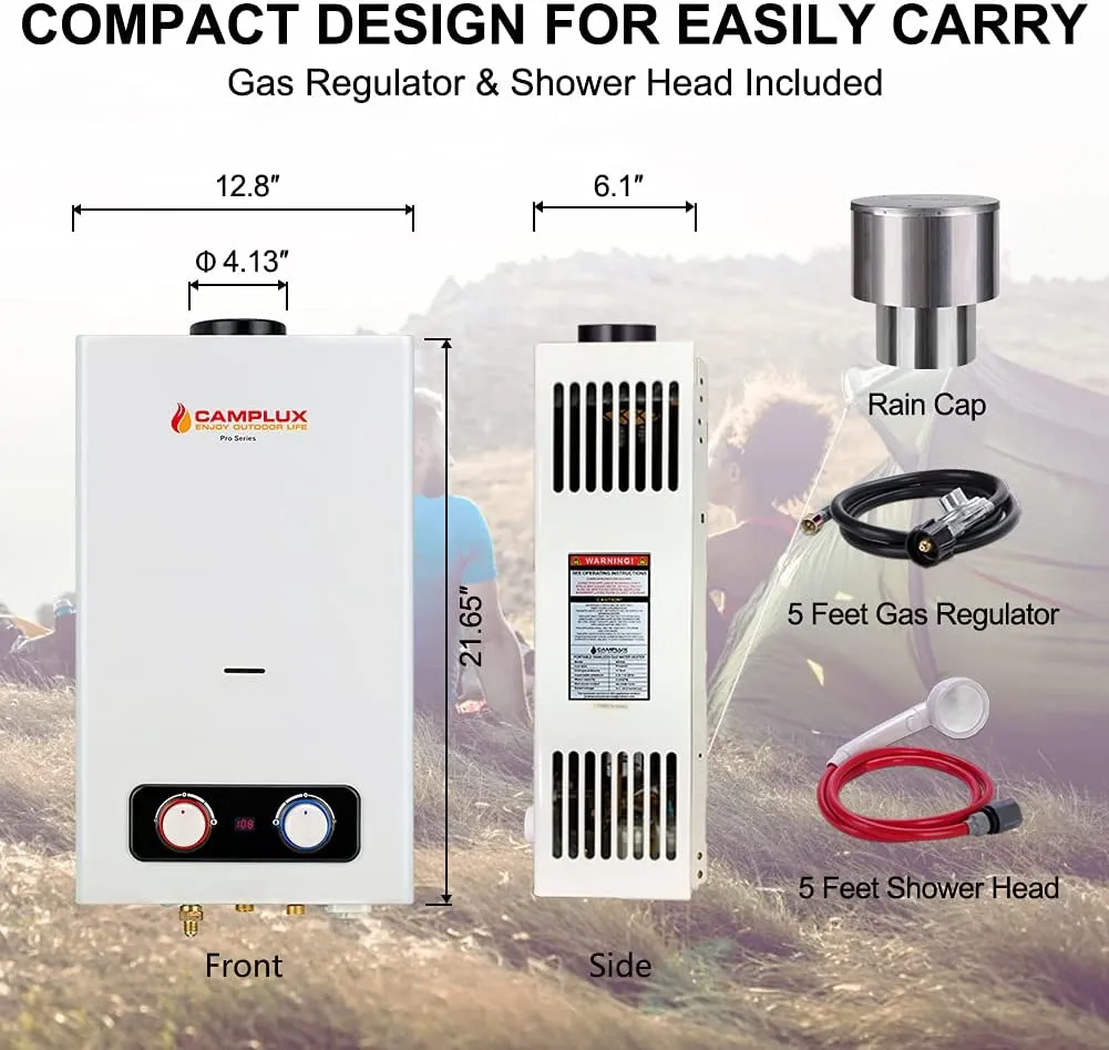 Tankless Water Heater, Camplux 2.64 GPM Outdoor Propane Gas Water Heater with 4.33" Rain Cap, Camping Shower, White