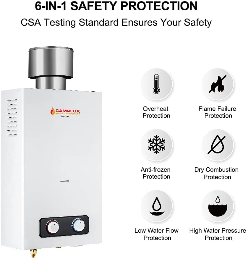 Tankless Water Heater, Camplux 2.64 GPM Outdoor Propane Gas Water Heater with 4.33" Rain Cap, Camping Shower, White