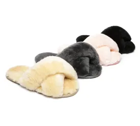 UGG Slides Sheepskin Wool Crossover Fluffy Slides Linty