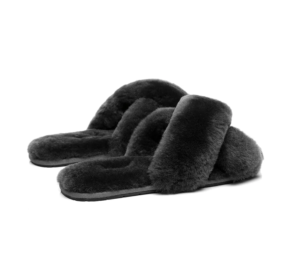 UGG Slides Sheepskin Wool Crossover Fluffy Slides Linty