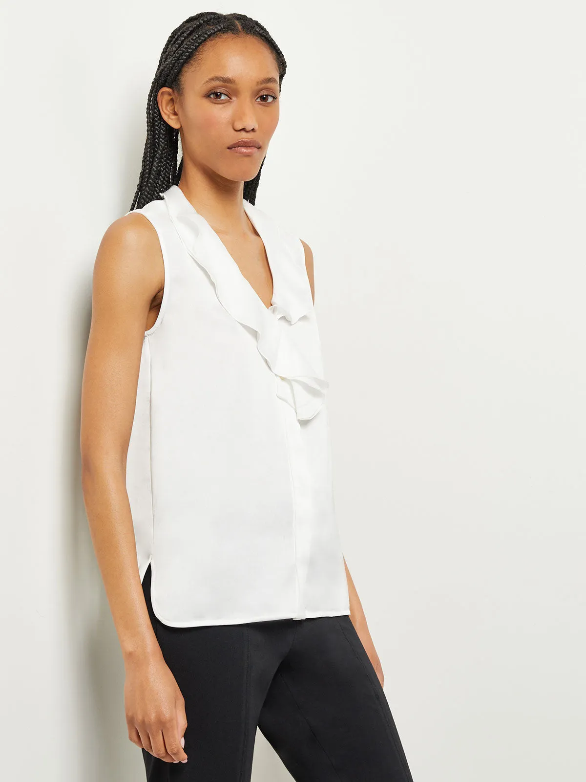 Waterfall Ruffle Crepe de Chine Blouse, White